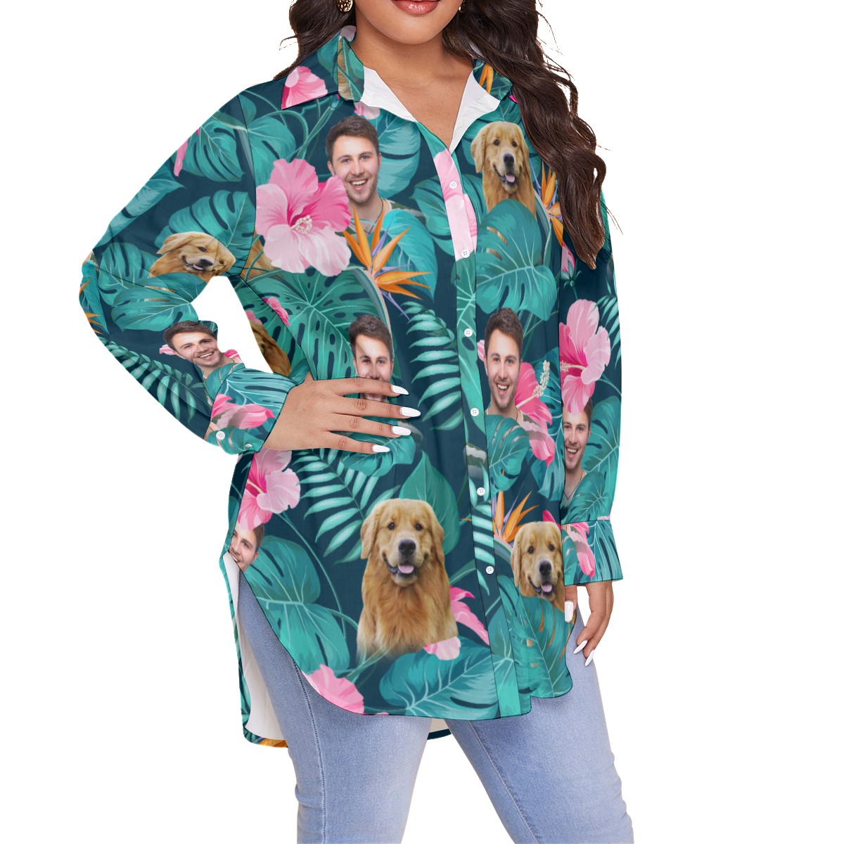 Women's Custom Face And Dog Tropical Plus Size Hawaiian Shirt