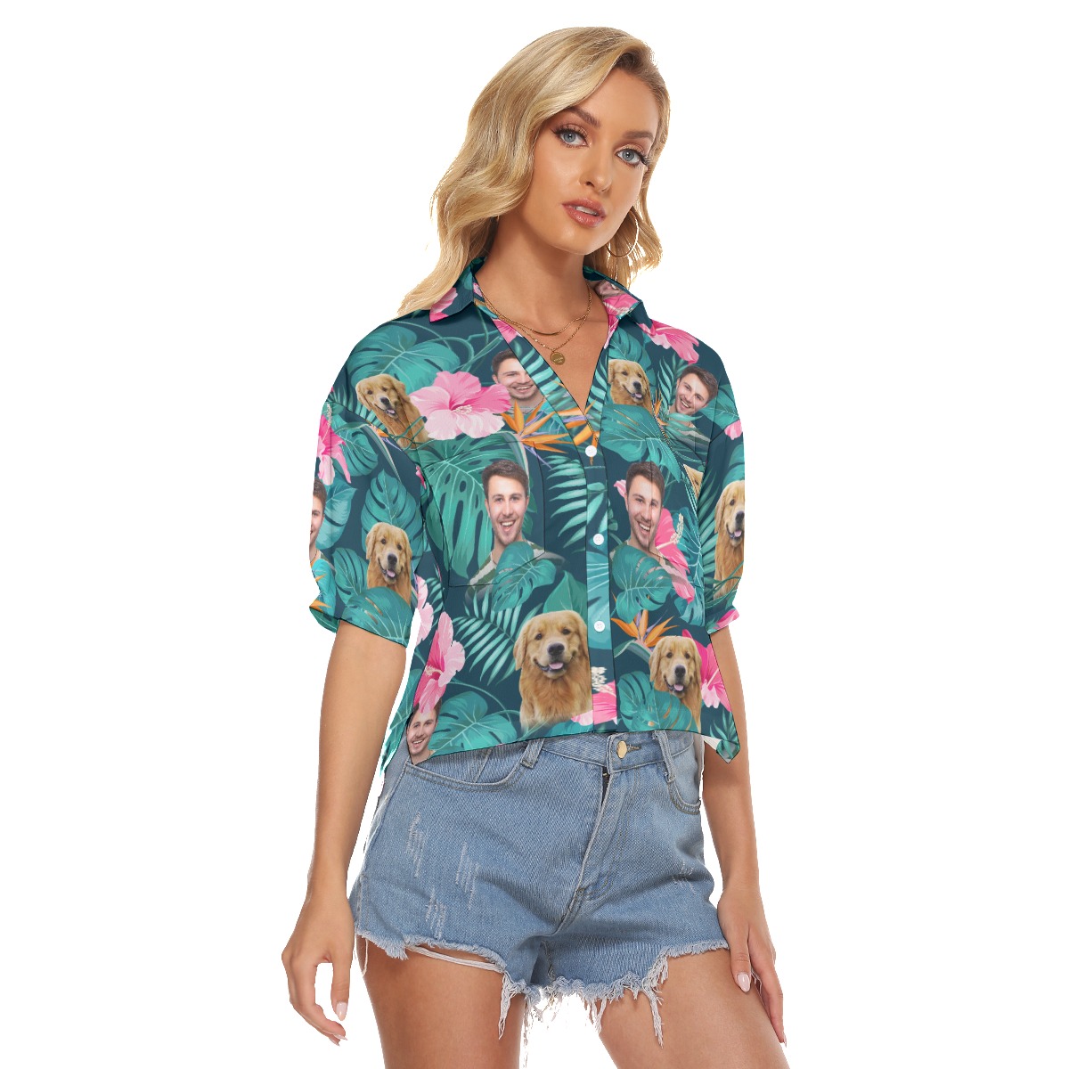 Floral Custom Face And Pet Cropped Hawaiian Shirt