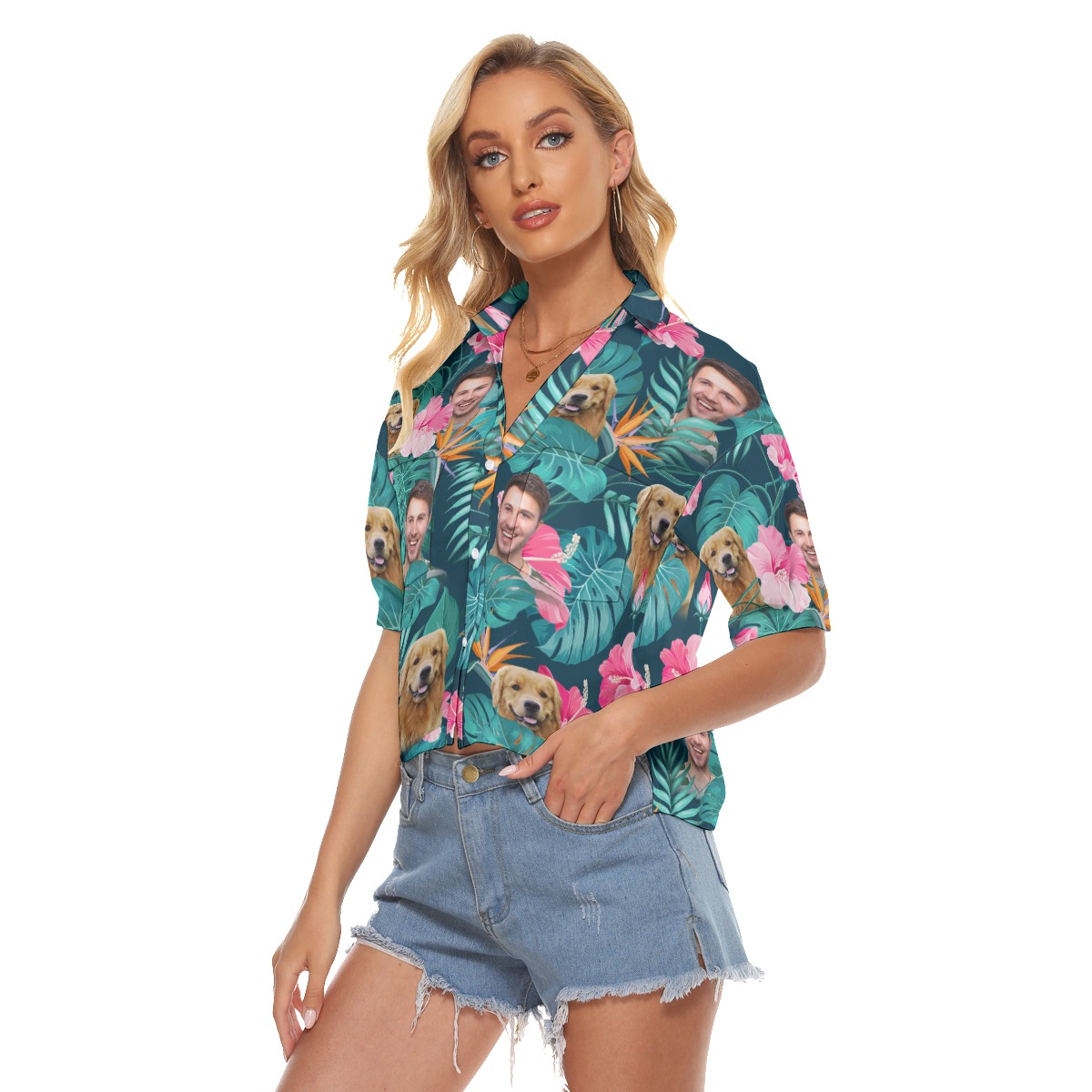 Floral Custom Face And Pet Cropped Hawaiian Shirt