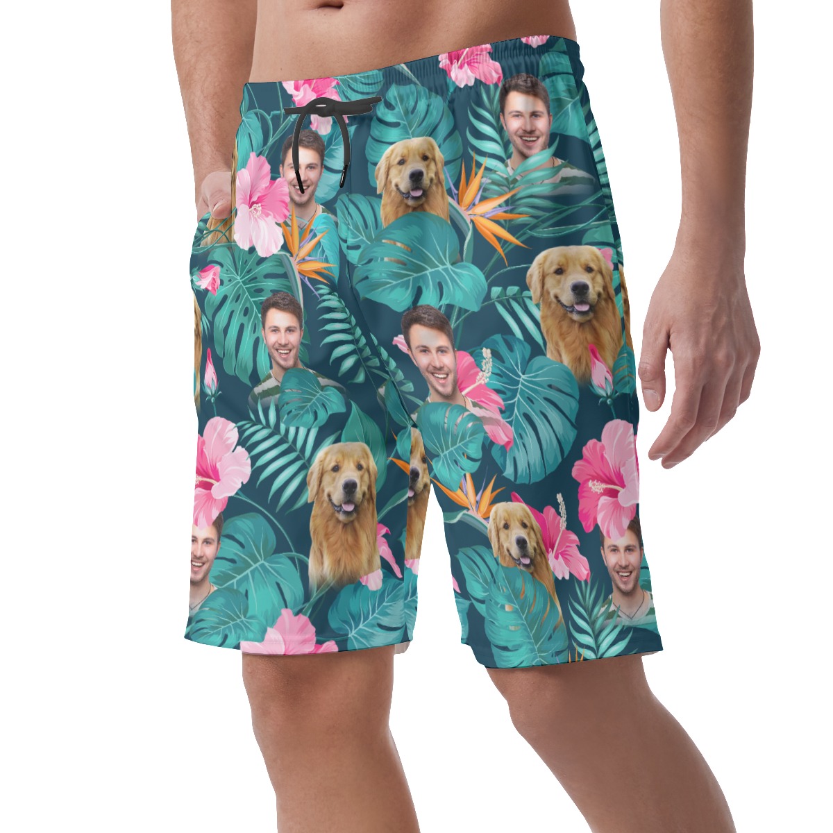 Men's Custom Face And Dog Floral Hawaiian Casual Shorts