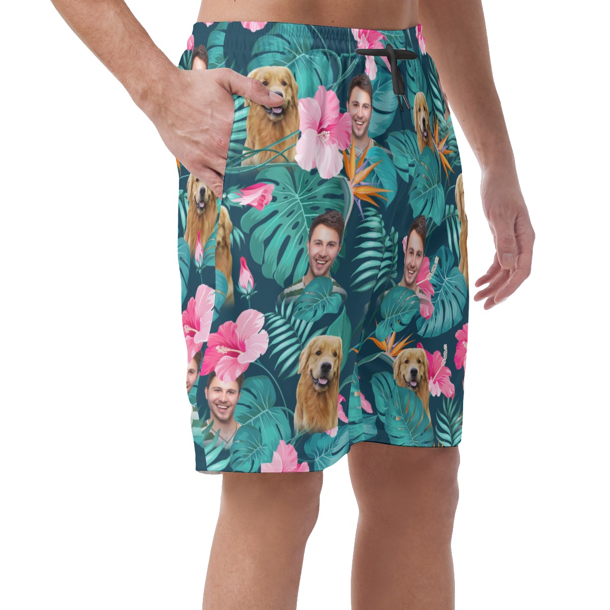 Men's Custom Face And Dog Floral Hawaiian Casual Shorts