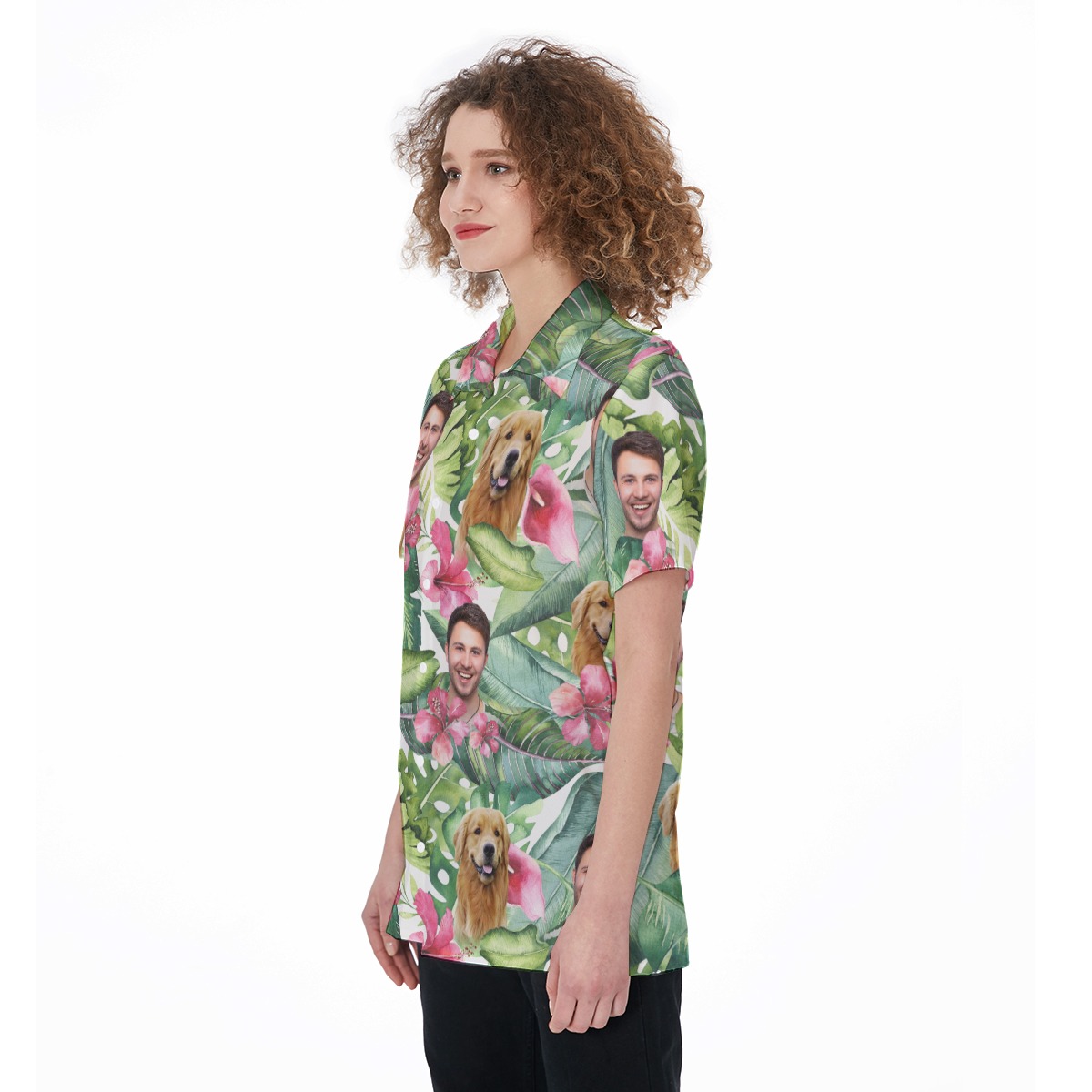 Custom Pet And Owner Face Floral Hawaiian Shirt For Women