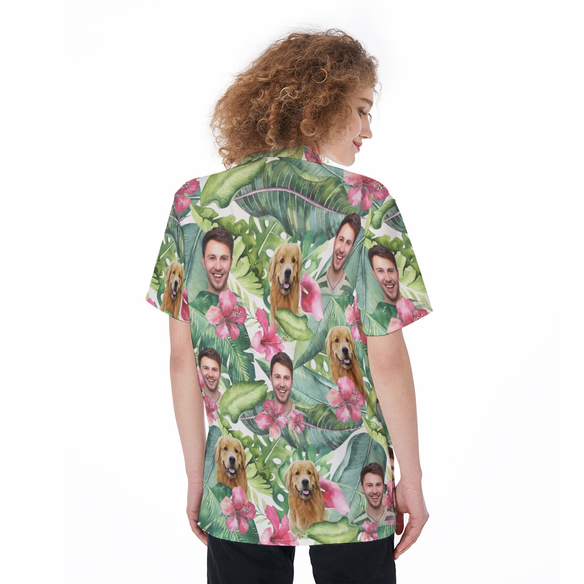 Custom Pet And Owner Face Floral Hawaiian Shirt For Women