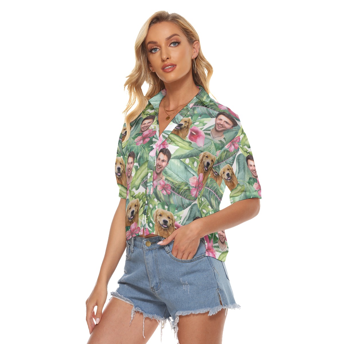 Unique Face And Pet Customize Cropped Hawaiian Shirt