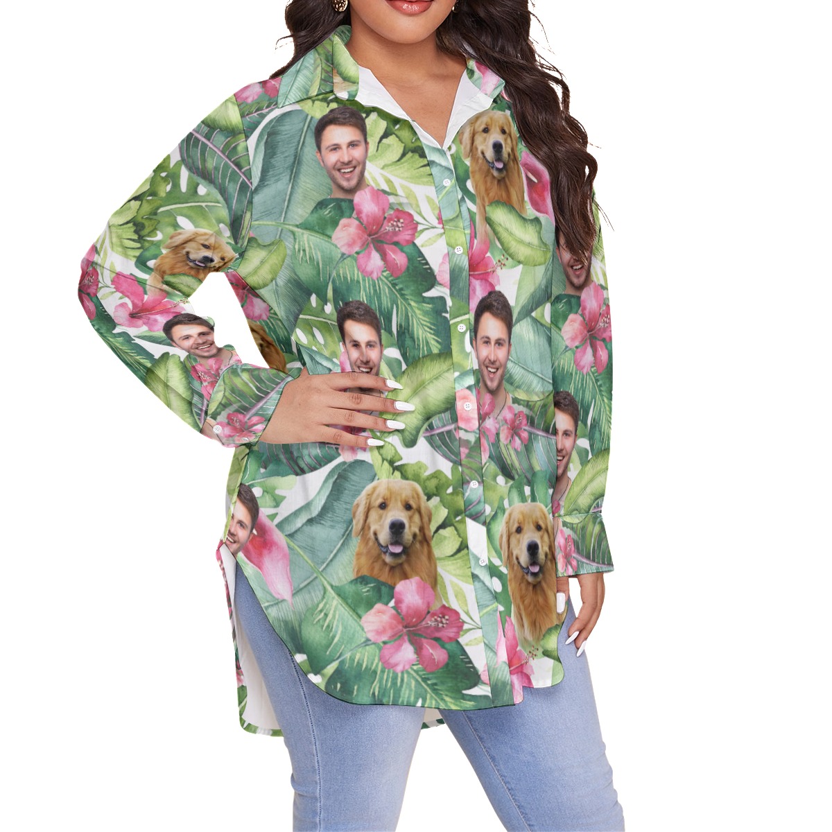 Women's Custom Face And Dog Plus Size Hawaiian Shirt