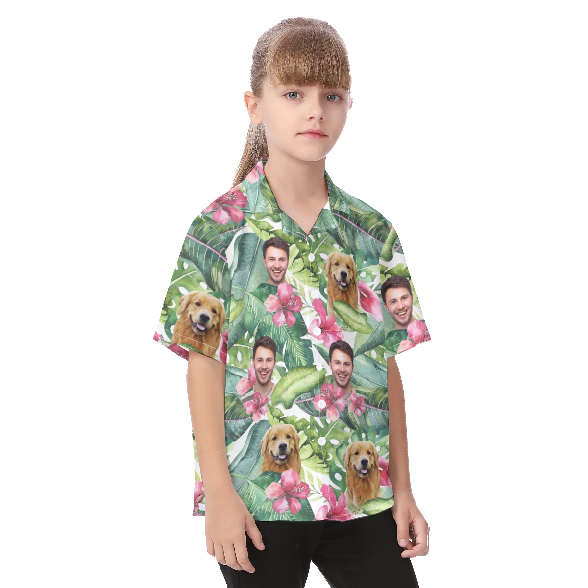 Kid's Floral Face And Pet Custom Hawaiian Shirt