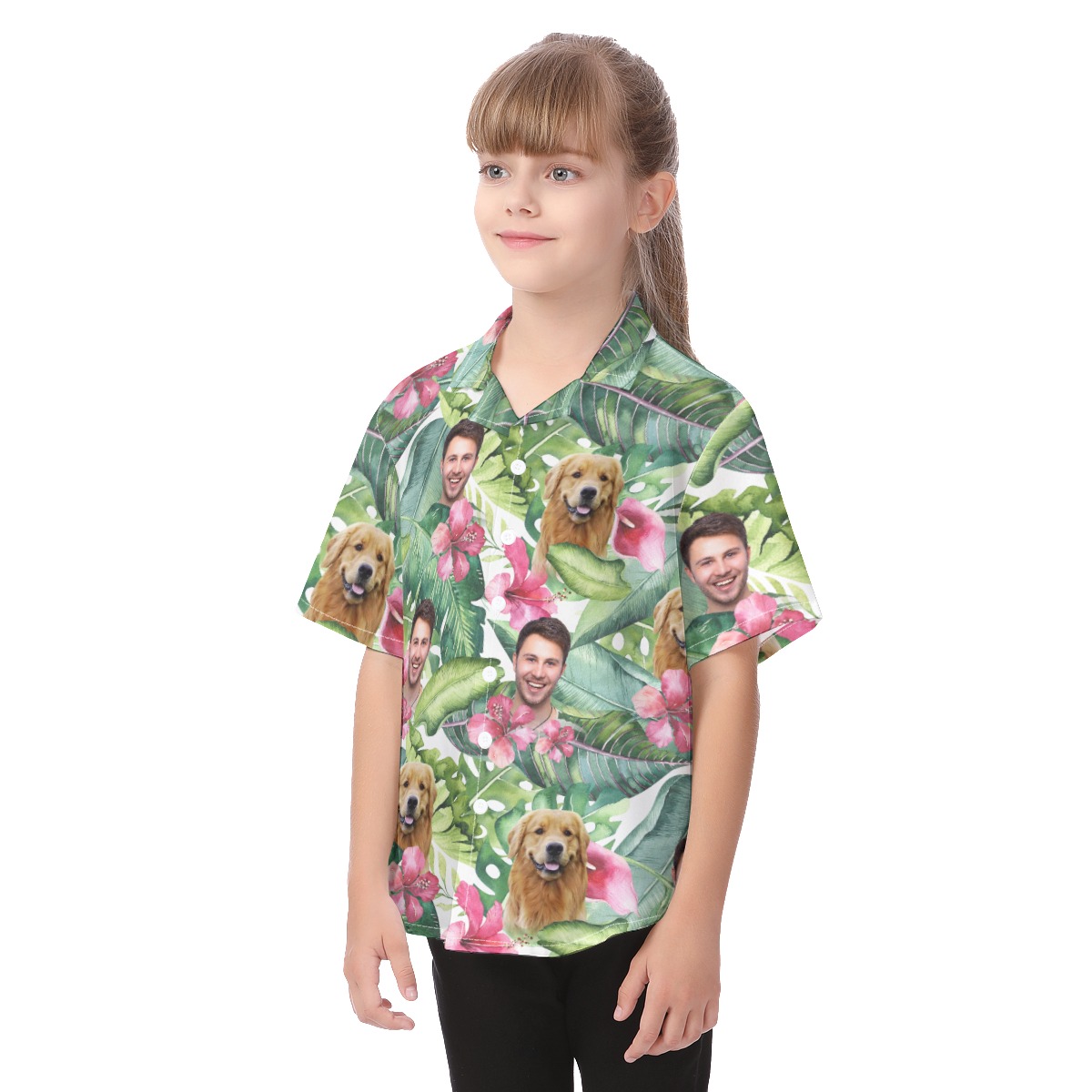 Kid's Floral Face And Pet Custom Hawaiian Shirt