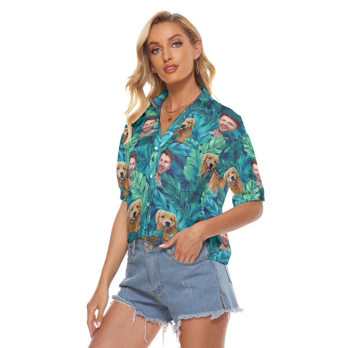 Custom 2 Faces With Dog Hawaiian Crop Top Shirt