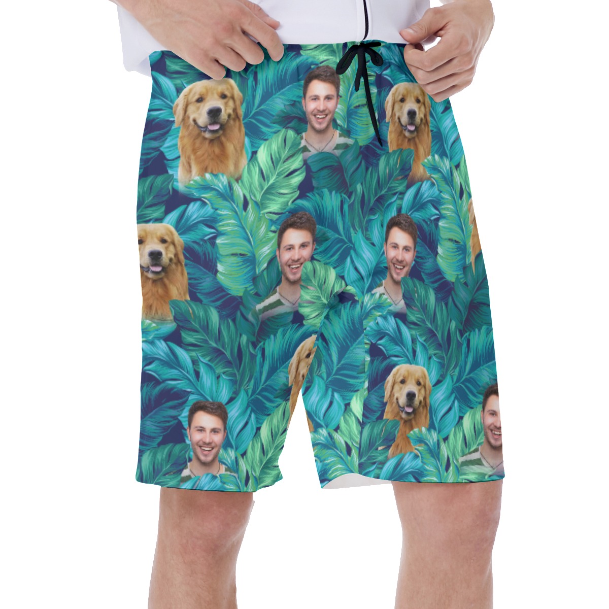 Custom Dog And Owner Face Hawaiian Swim Trunks For Men