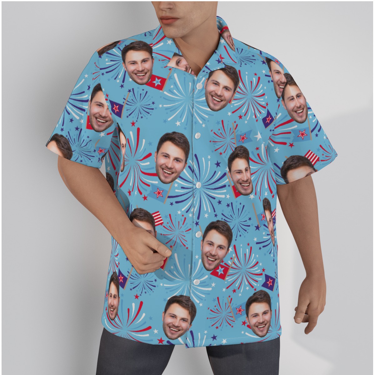 Firework Patriotic Men's Button Up Shirt With Custom Face - variant image 1