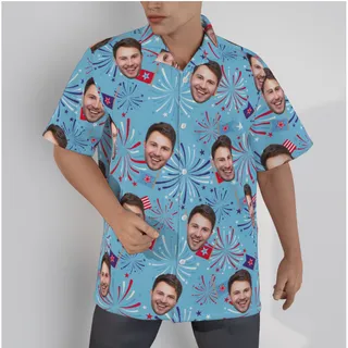 Firework Patriotic Men's Button Up Shirt With Custom Face