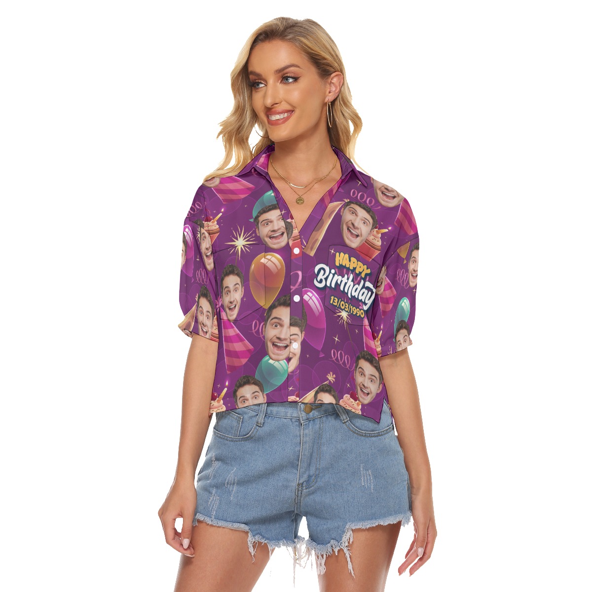 Custom Face Birthday Party Hawaiian Crop Top Shirt - variant image 1