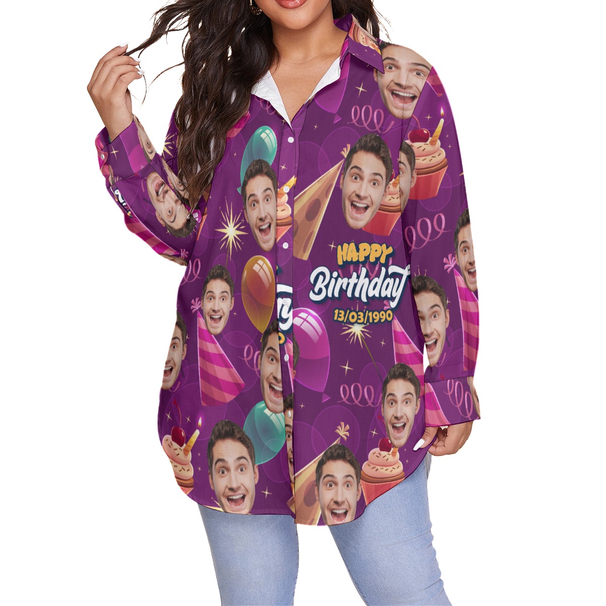 Happy Birthday Custom Face And Date Hawaiian Plus Size Shirt For Women - variant image 1