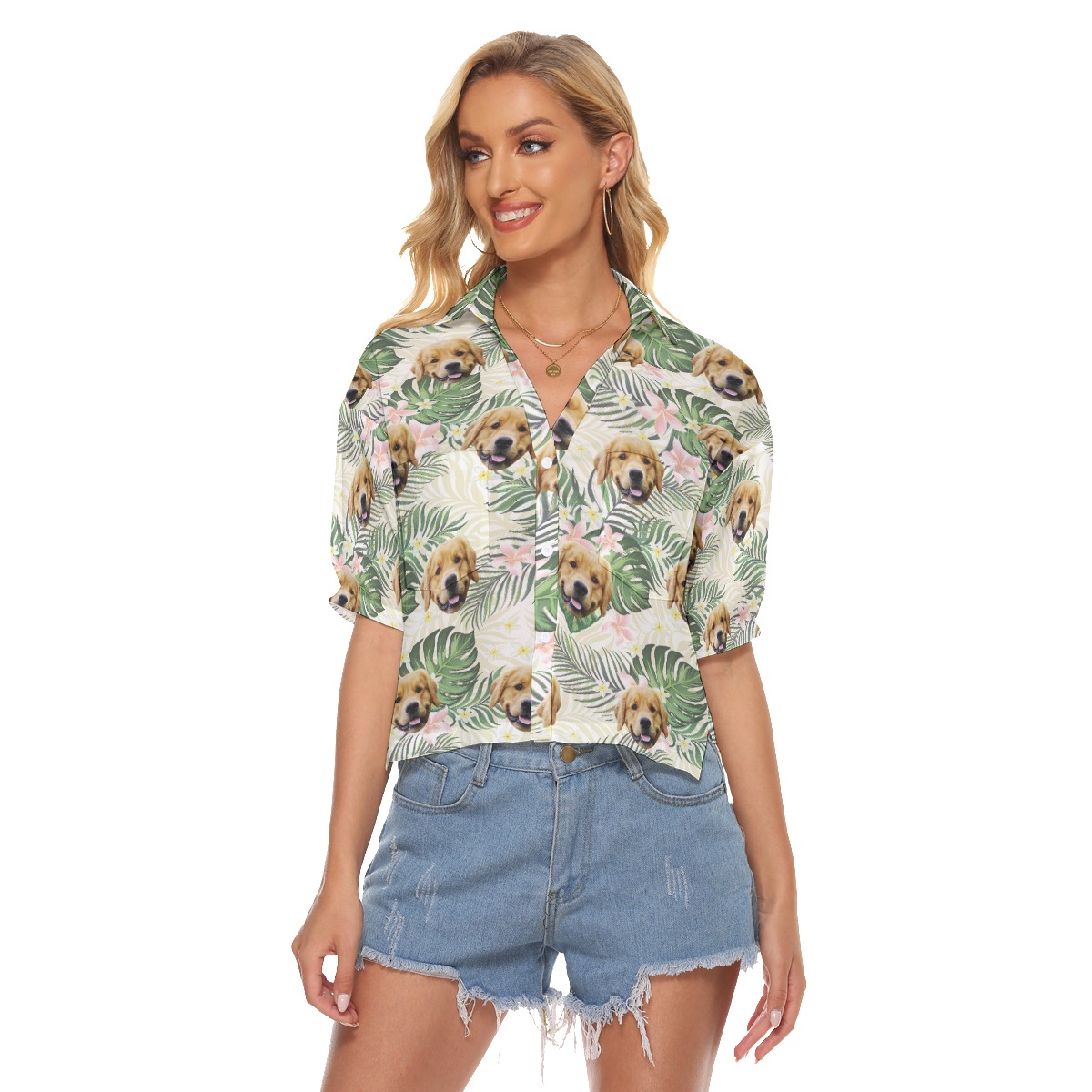 Funny Custom Pet Face Tropical Hawaiian Cropped Shirt - variant image 1