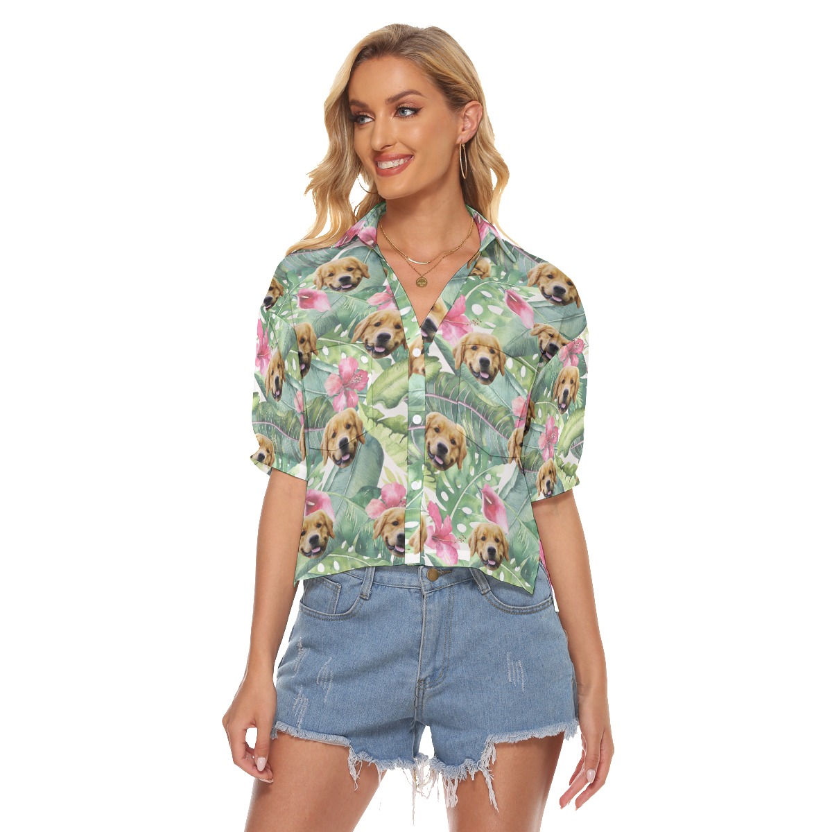 Customized Tropical Hibicus Hawaiian Crop Top Shirt With Dog Face - variant image 1