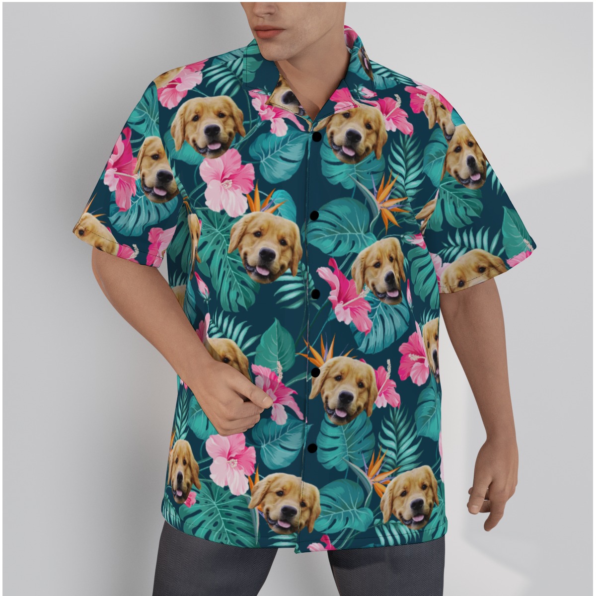 Floral Hibicus Custom Dog Face Men's Hawaiian Shirt - variant image 1