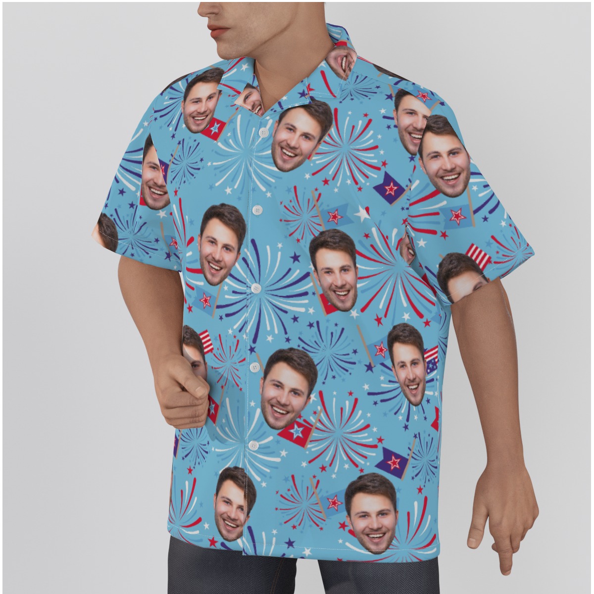 Firework Patriotic Men's Button Up Shirt With Custom Face