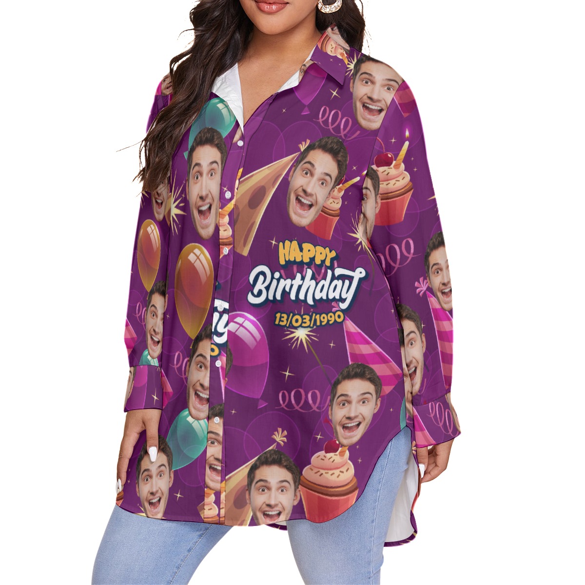 Happy Birthday Custom Face And Date Hawaiian Plus Size Shirt For Women
