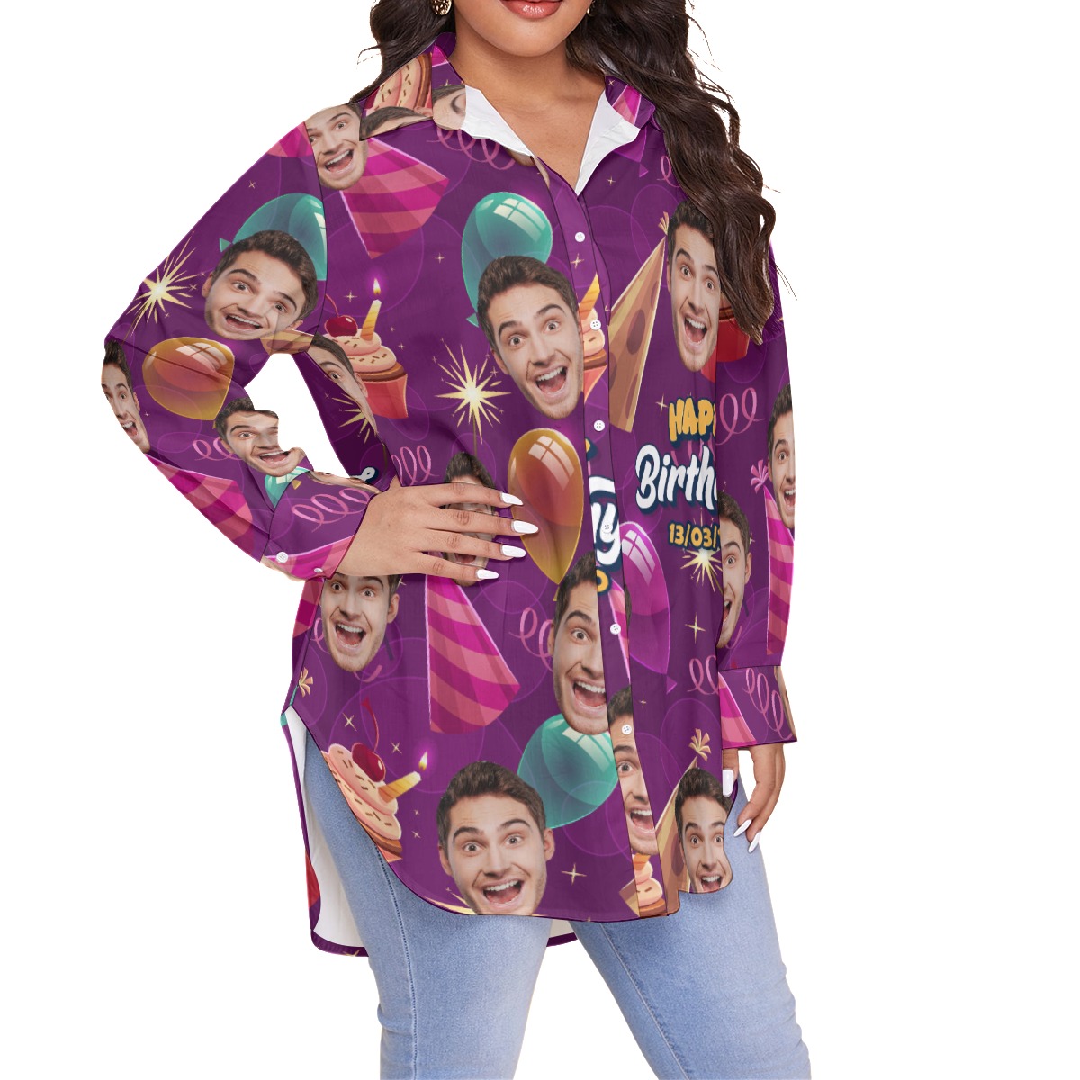 Happy Birthday Custom Face And Date Hawaiian Plus Size Shirt For Women