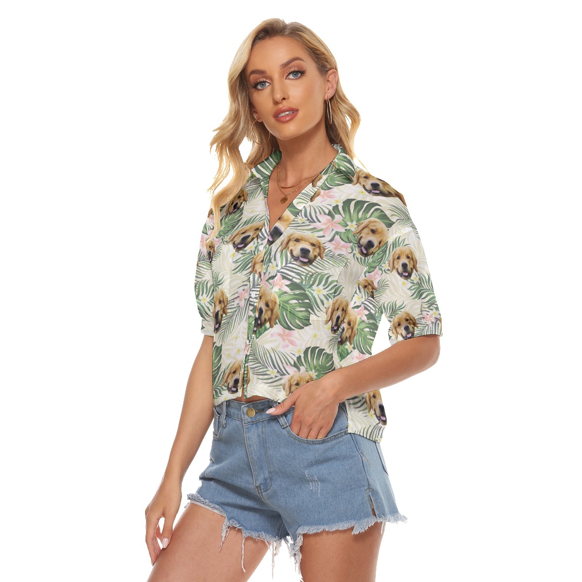 Funny Custom Pet Face Tropical Hawaiian Cropped Shirt