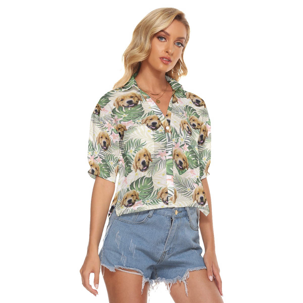 Funny Custom Pet Face Tropical Hawaiian Cropped Shirt