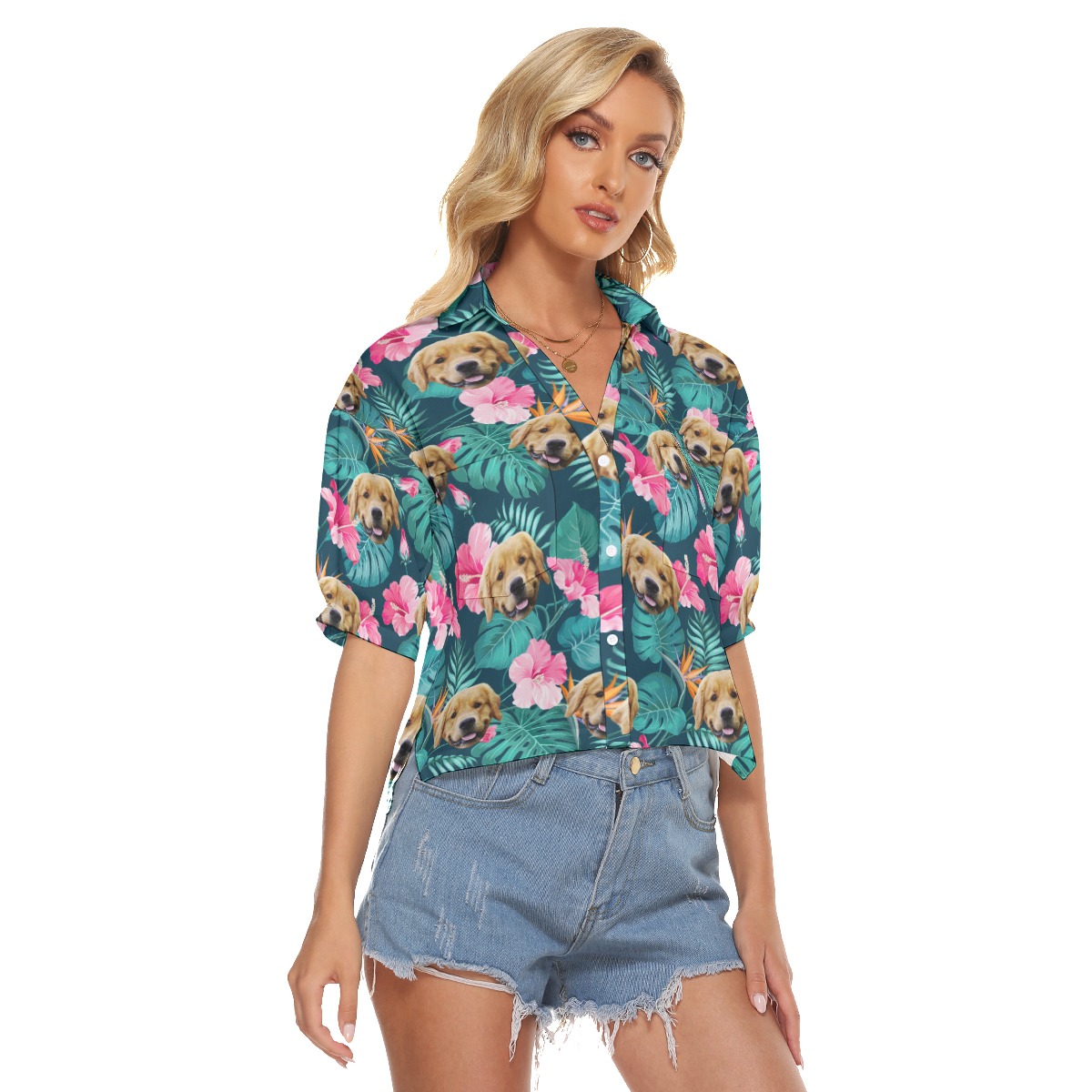 Custom Dog Face Tropical Hibicus Hawaiian Cropped Shirt For Women