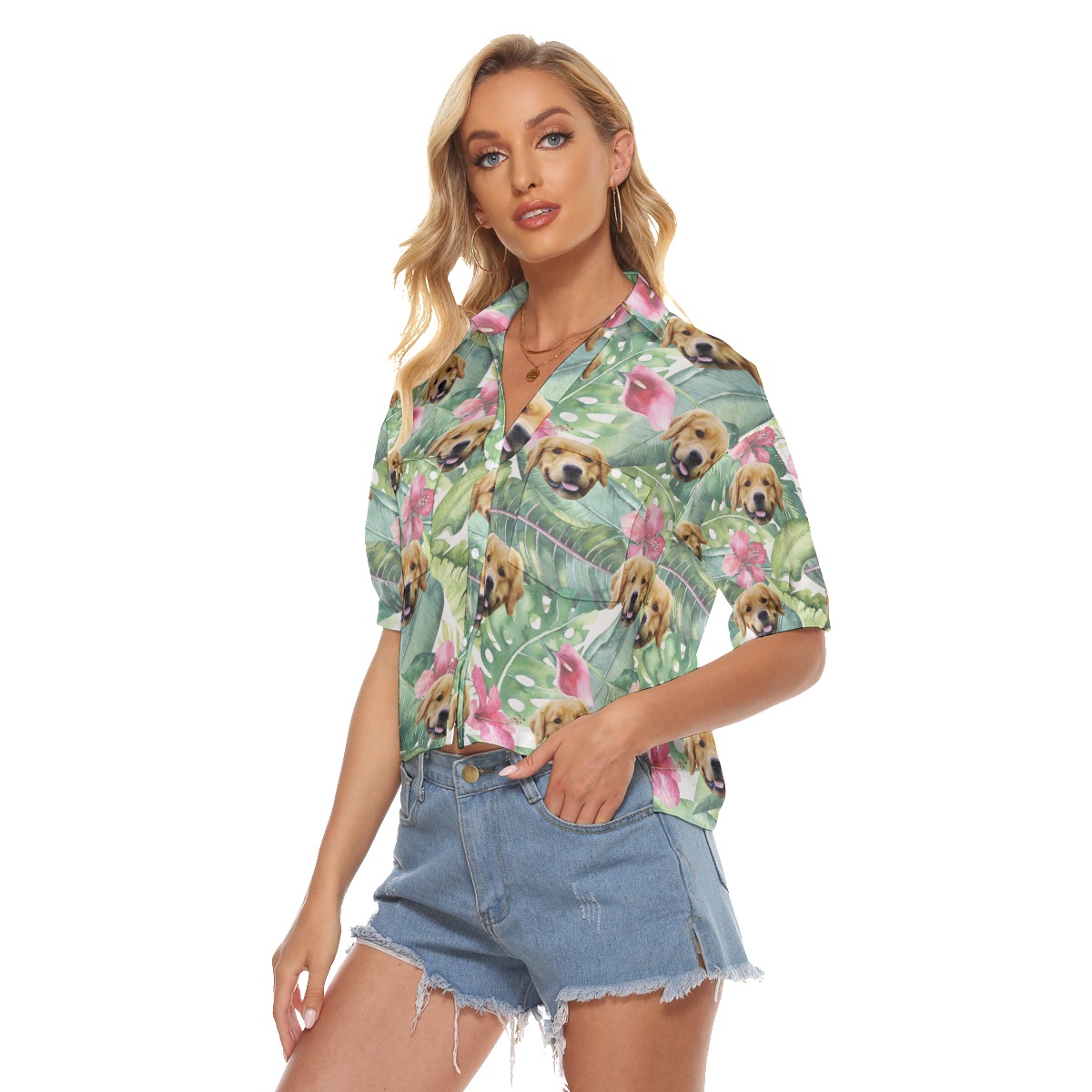 Customized Tropical Hibicus Hawaiian Crop Top Shirt With Dog Face