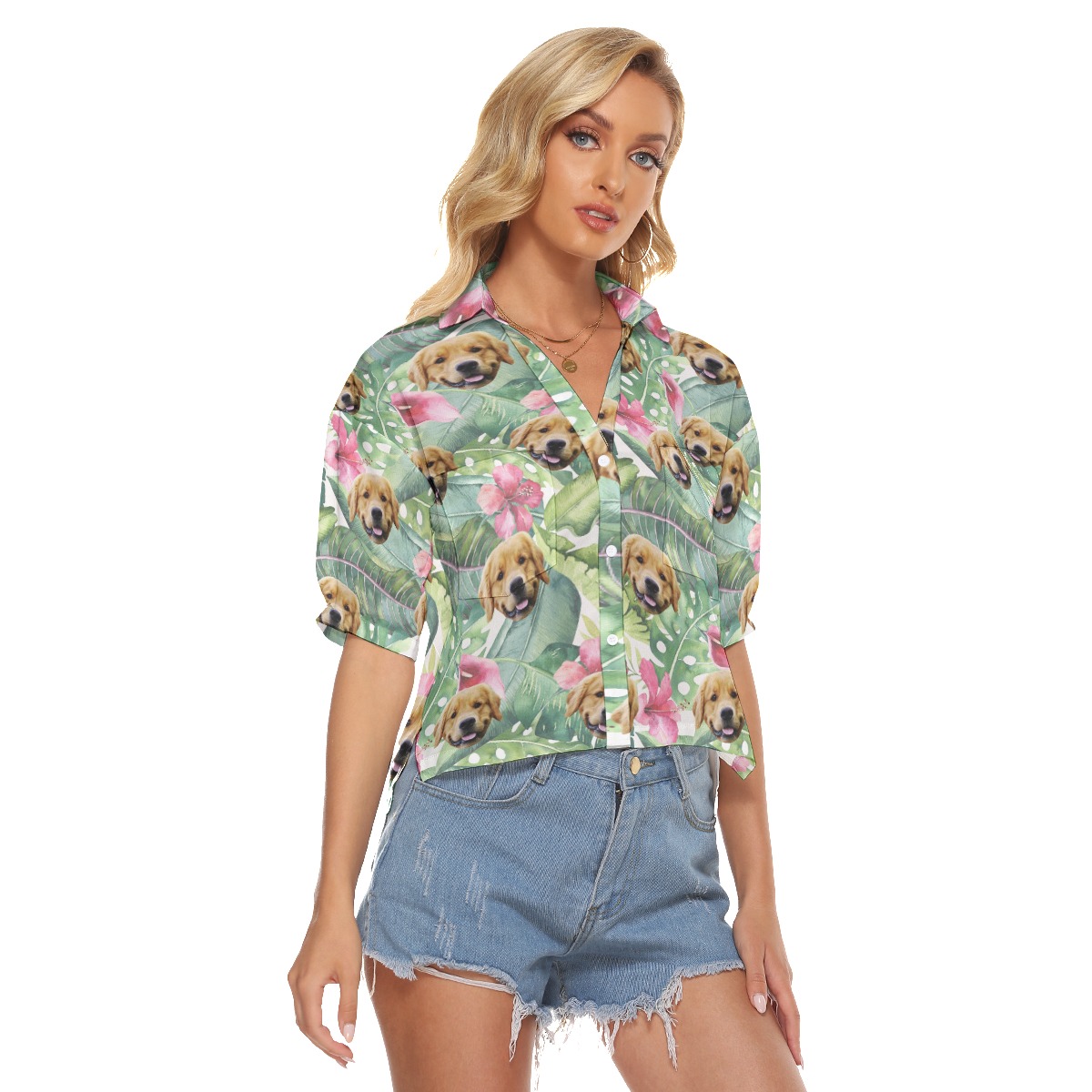 Customized Tropical Hibicus Hawaiian Crop Top Shirt With Dog Face