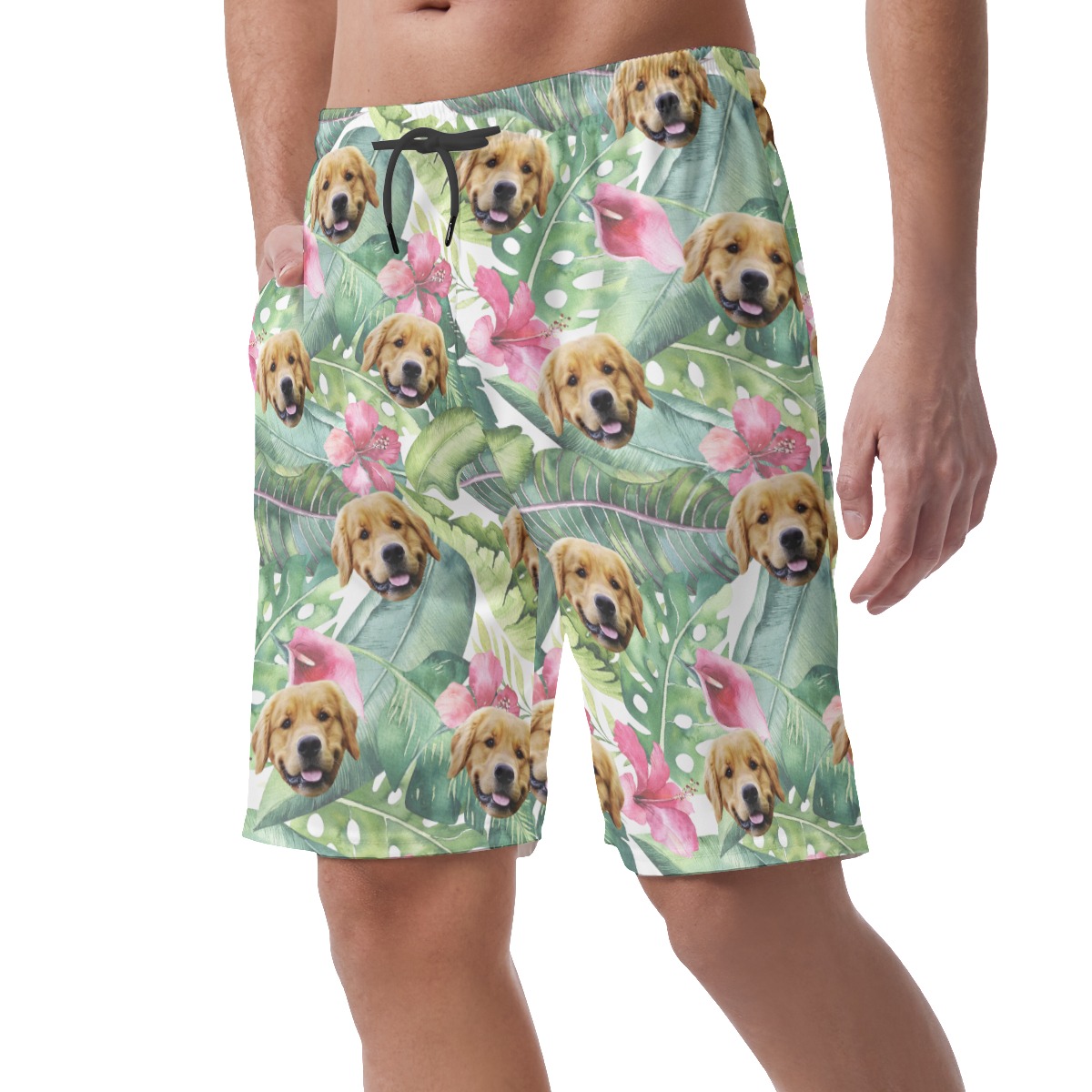 Funny Custom Tropical Hibicus Hawaiian Beach Shorts With Dog Face