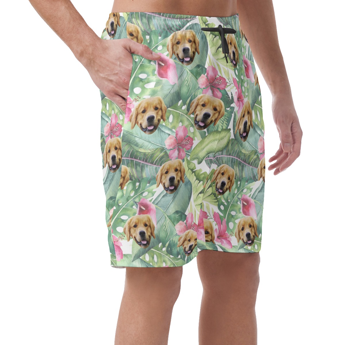 Funny Custom Tropical Hibicus Hawaiian Beach Shorts With Dog Face