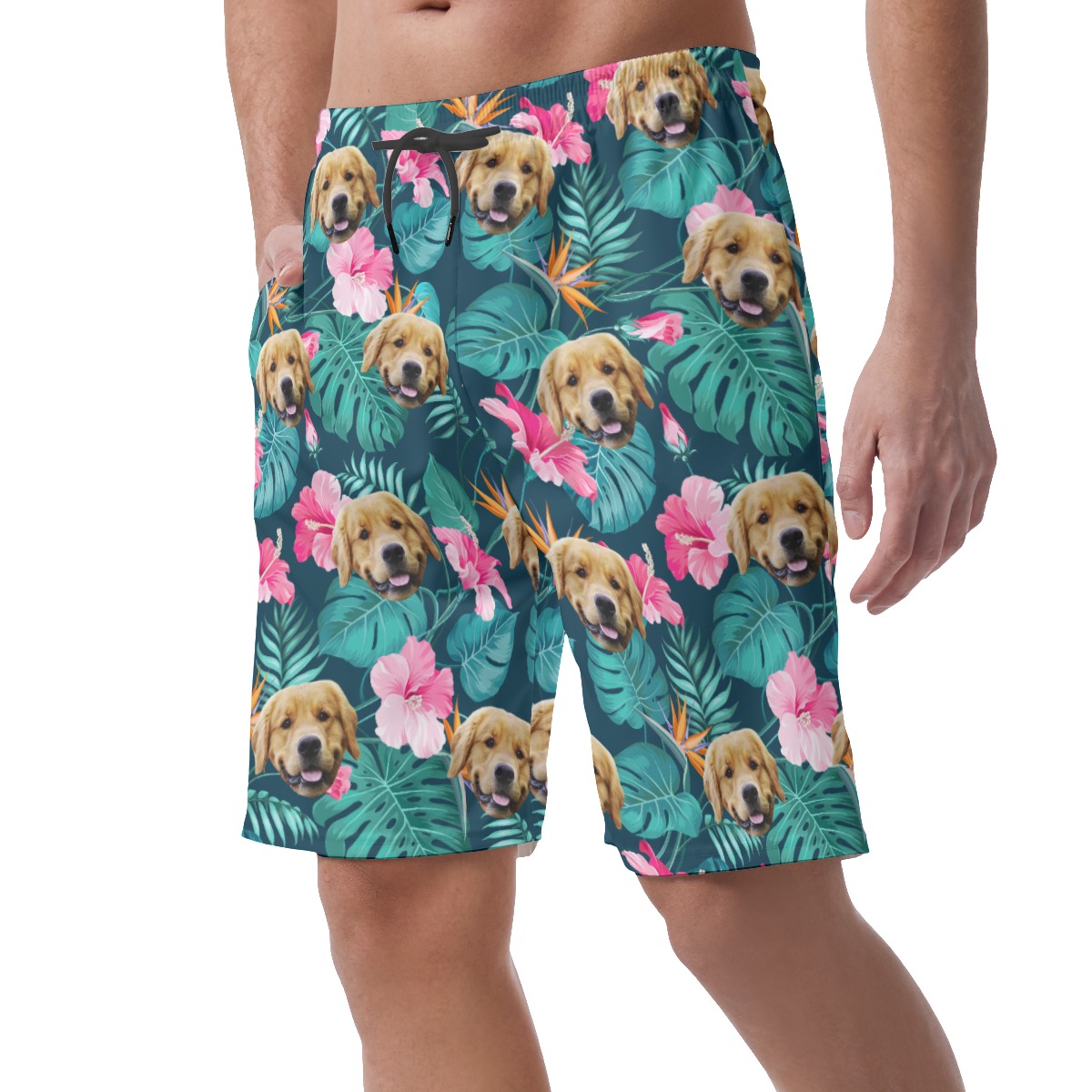 Customized Tropical Hibicus Hawaiian Beach Shorts With Dog Face