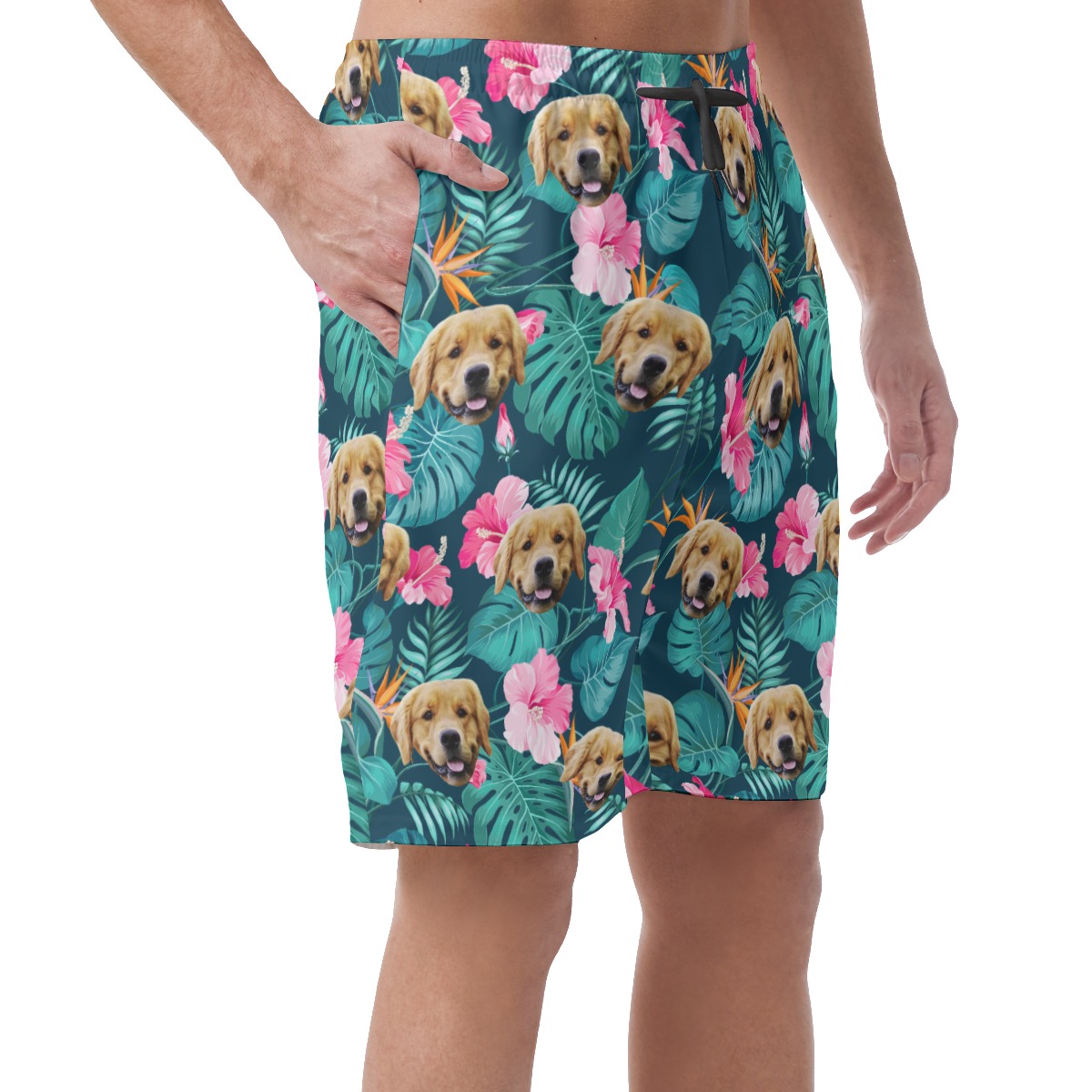 Customized Tropical Hibicus Hawaiian Beach Shorts With Dog Face