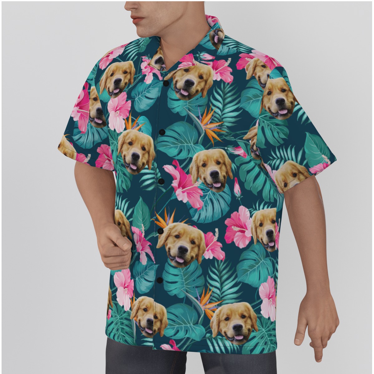 Floral Hibicus Custom Dog Face Men's Hawaiian Shirt