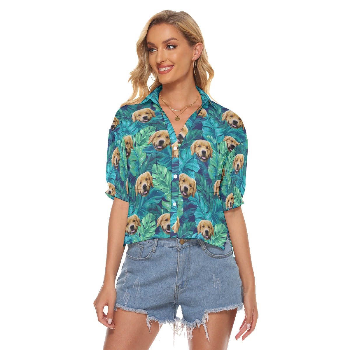 Custom Dog Face Tropical Leaves Aloha Cropped Shirt For Women - variant image 1