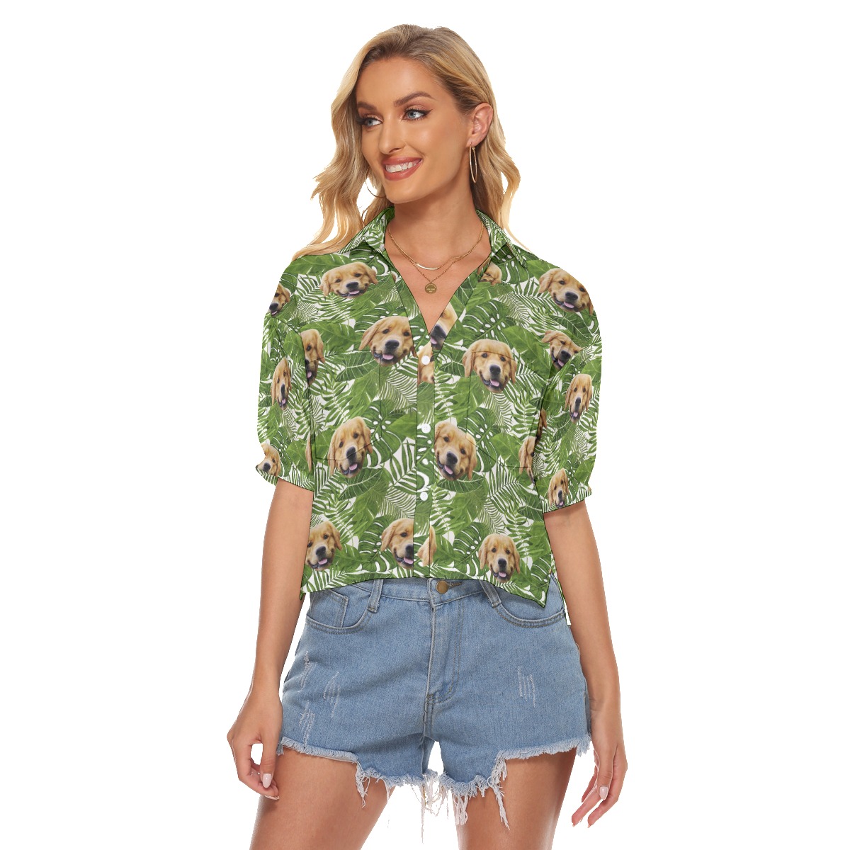 Custom Dog Face Tropical Green Hawaiian Crop Top Shirt For Women - variant image 1
