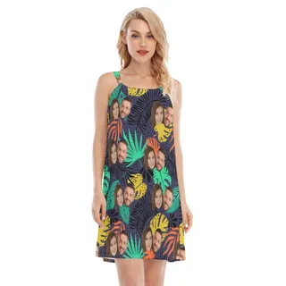 Tropical Leaf Cami Dress With Custom Couple Faces