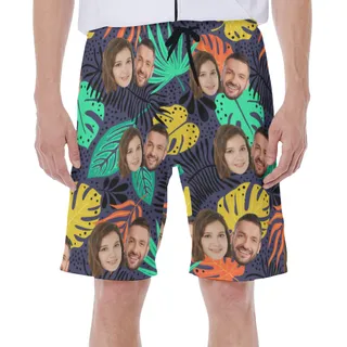 Tropical Leaf Men's Swim Trunks With Custom Couple Faces