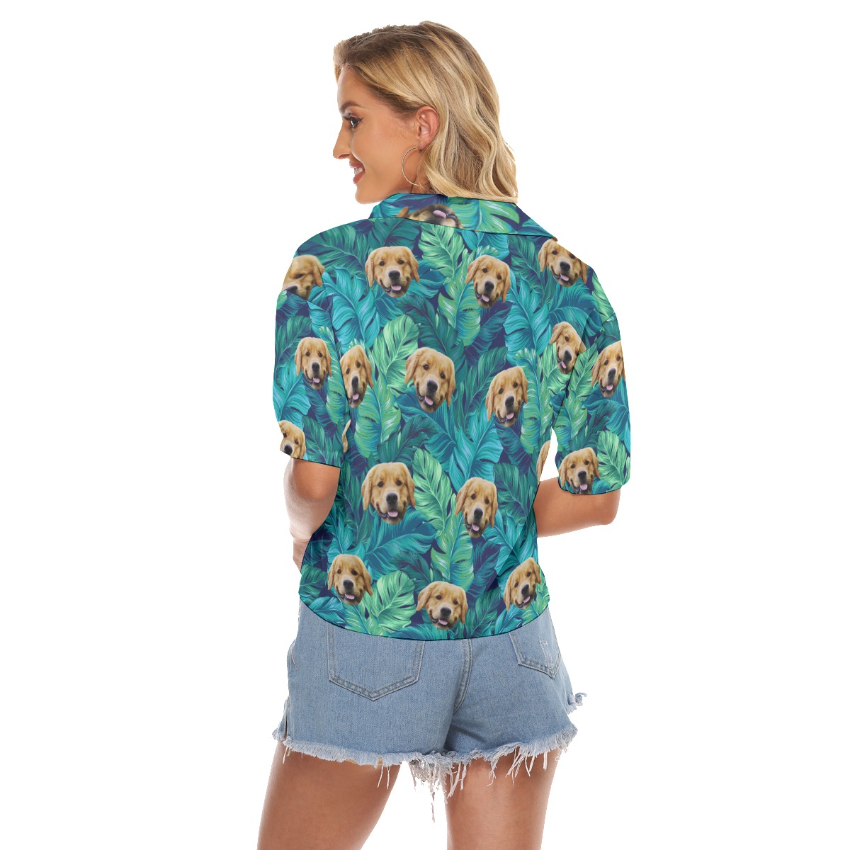 Custom Dog Face Tropical Leaves Aloha Cropped Shirt For Women