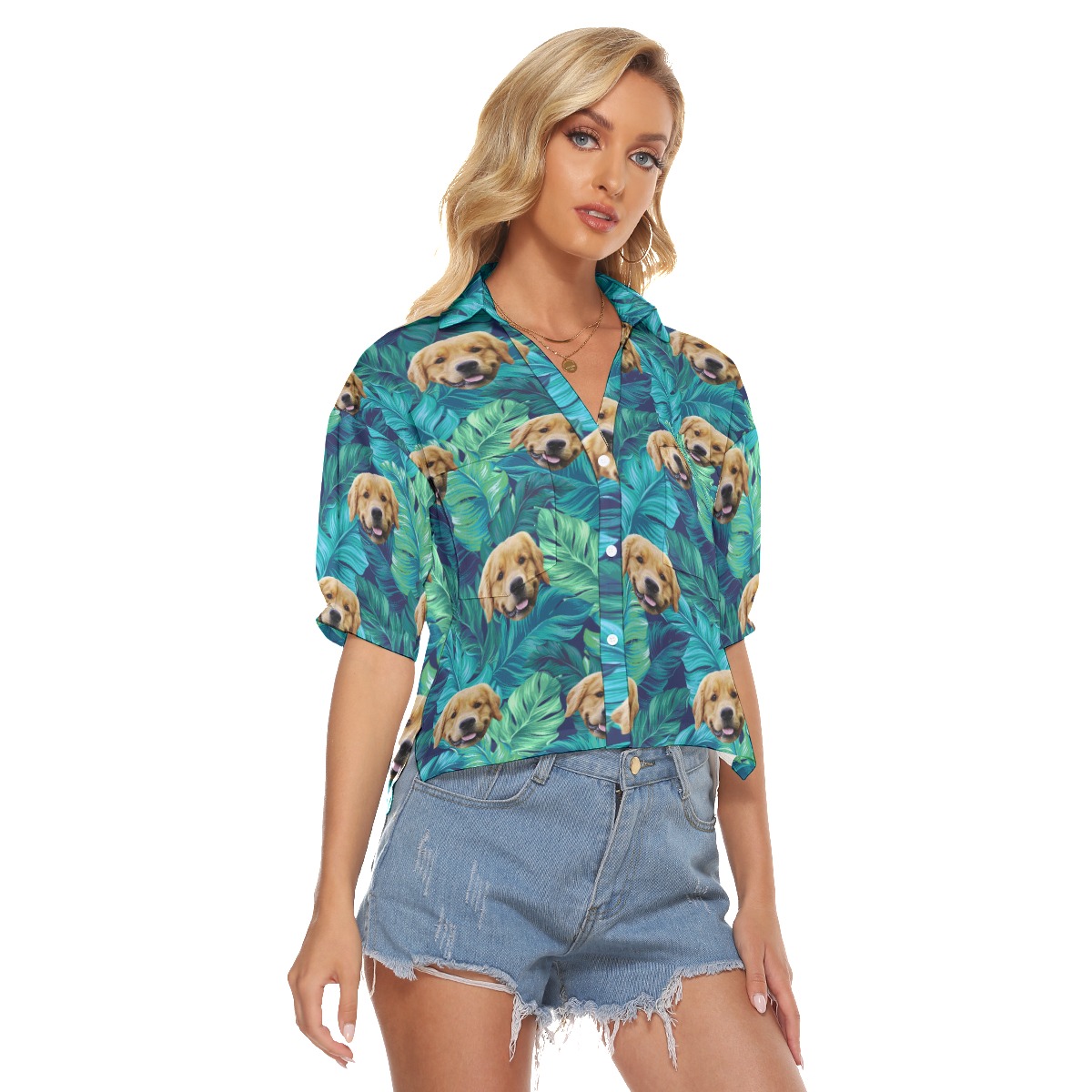 Custom Dog Face Tropical Leaves Aloha Cropped Shirt For Women
