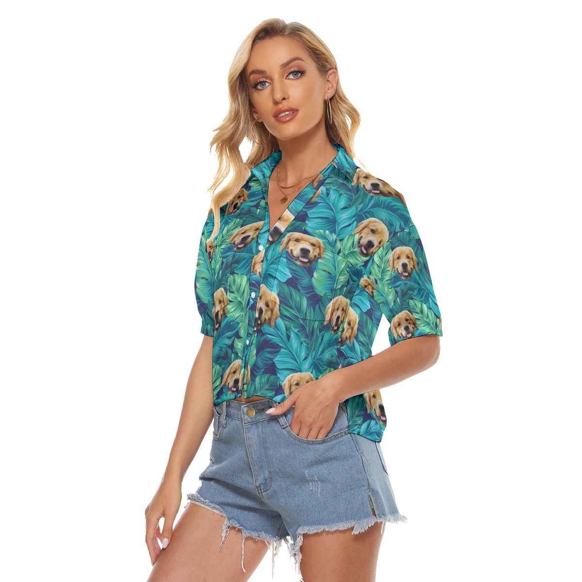 Custom Dog Face Tropical Leaves Aloha Cropped Shirt For Women