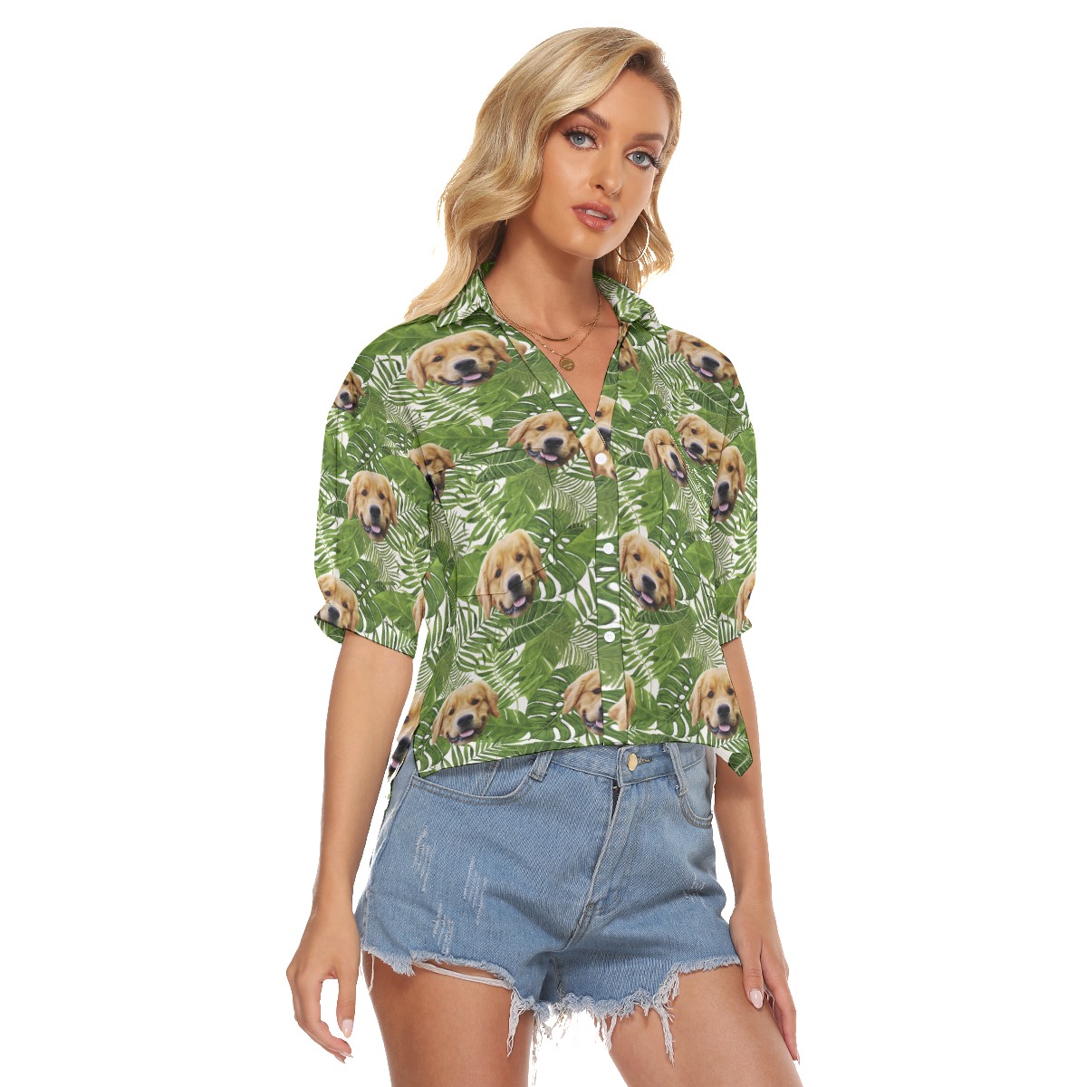 Custom Dog Face Tropical Green Hawaiian Crop Top Shirt For Women
