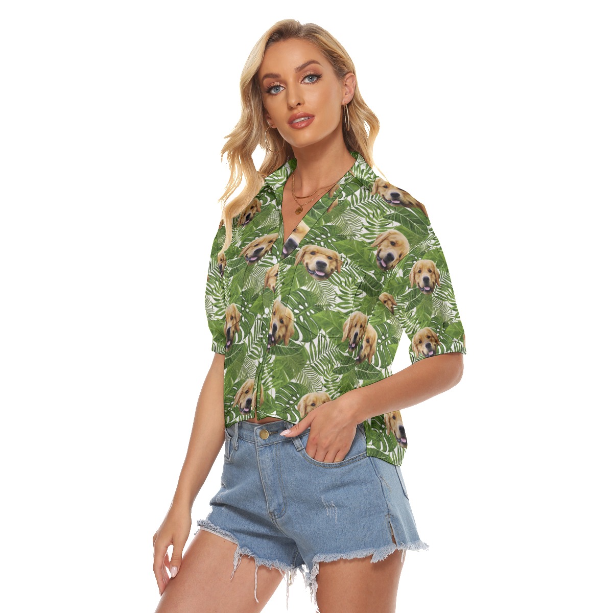 Custom Dog Face Tropical Green Hawaiian Crop Top Shirt For Women
