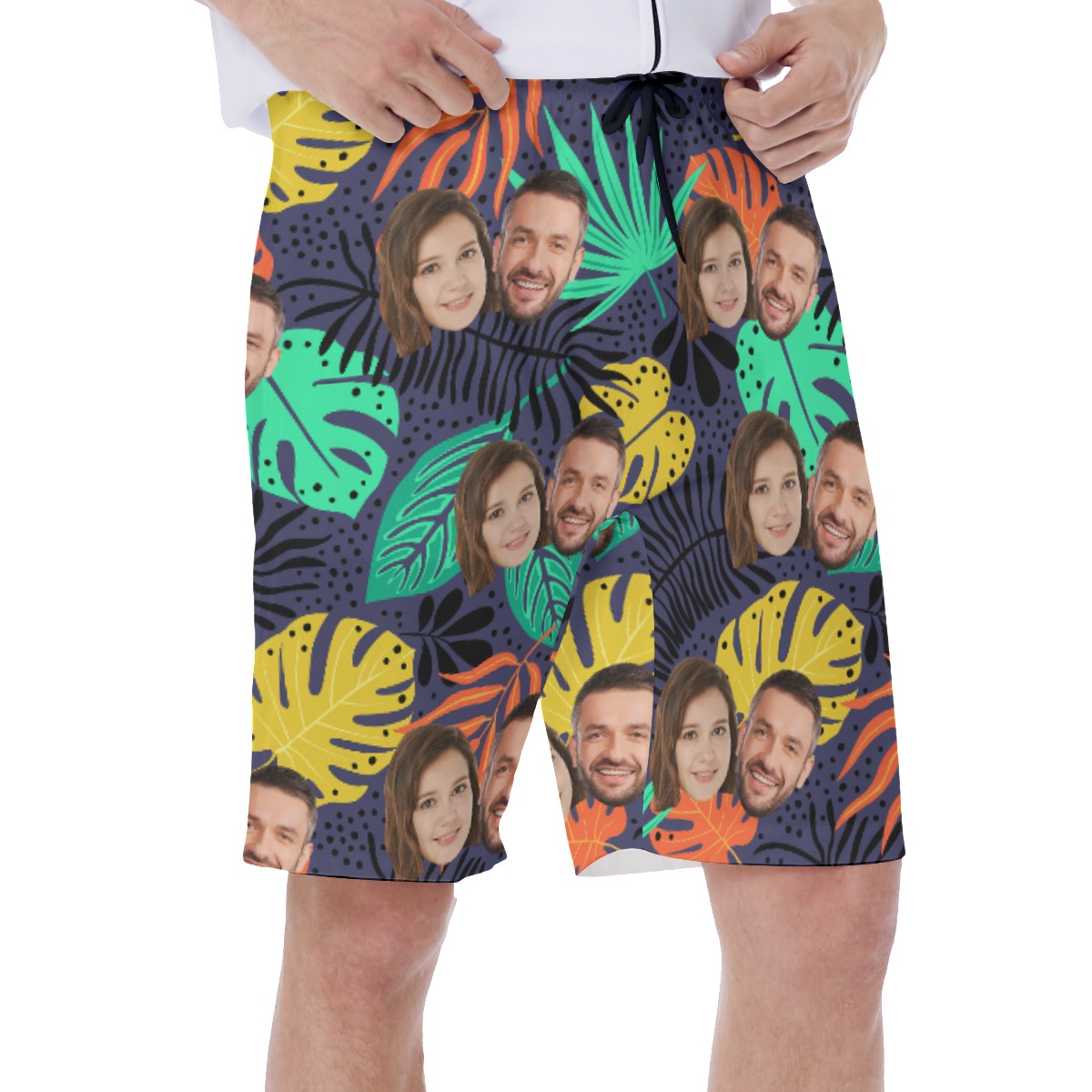 Tropical Leaf Men's Swim Trunks With Custom Couple Faces