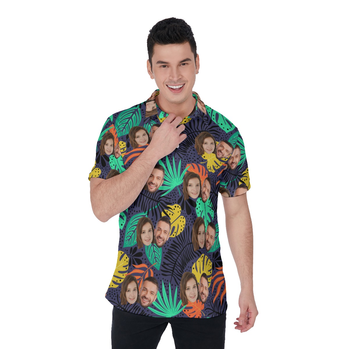 Tropical Leaf Men's Polo Shirt With Custom Couple Faces - variant image 1