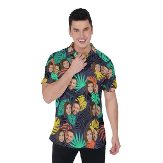 Tropical Leaf Men's Polo Shirt With Custom Couple Faces