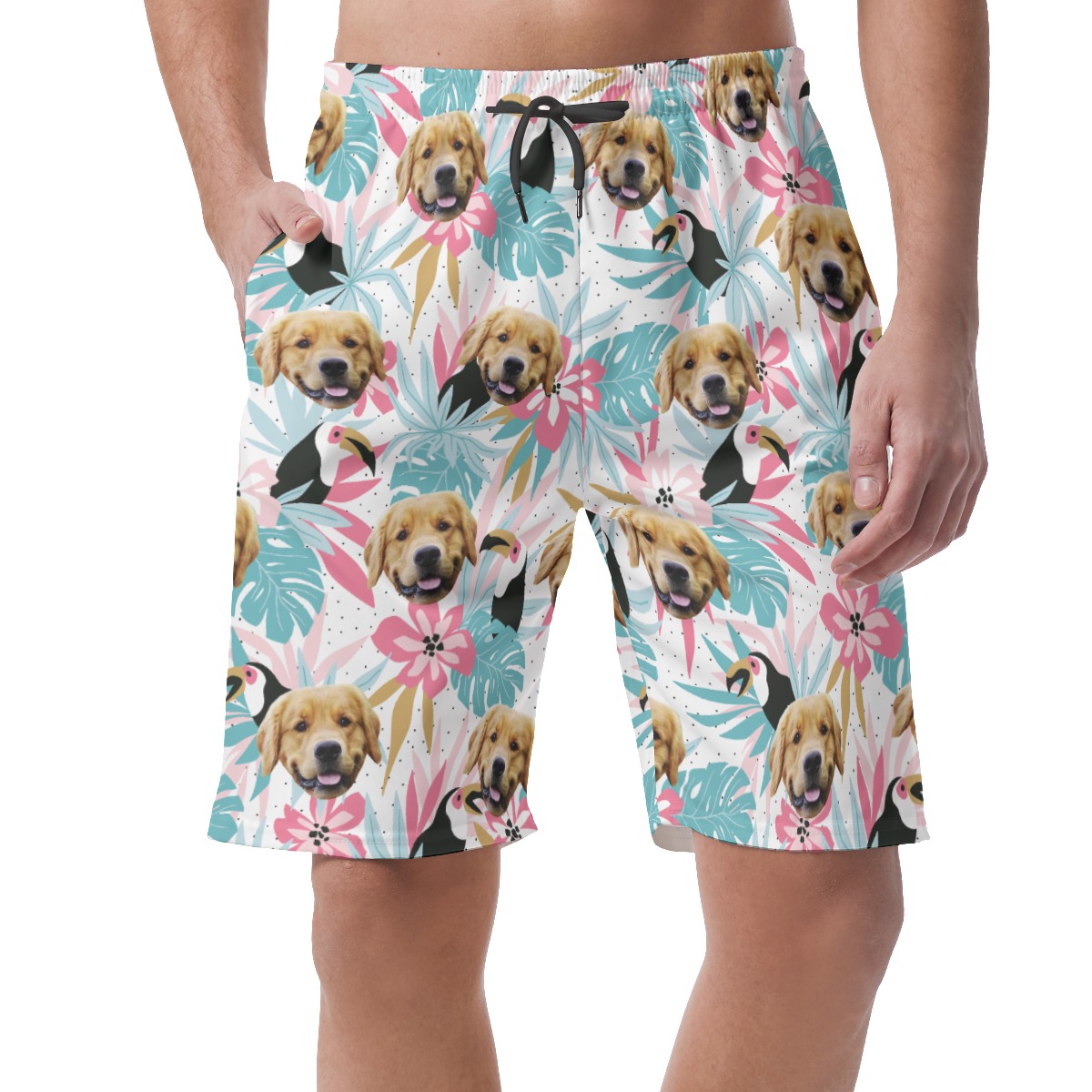 Custom Dog Face Tropical Toucans Hawaiian Beach Shorts For Men - variant image 1