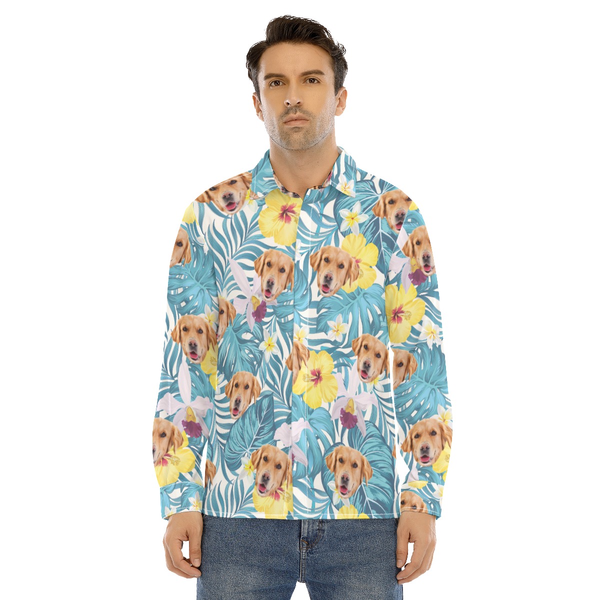 Custom Dog Face Long Sleeve Hawaiian Shirt For Men - variant image 1