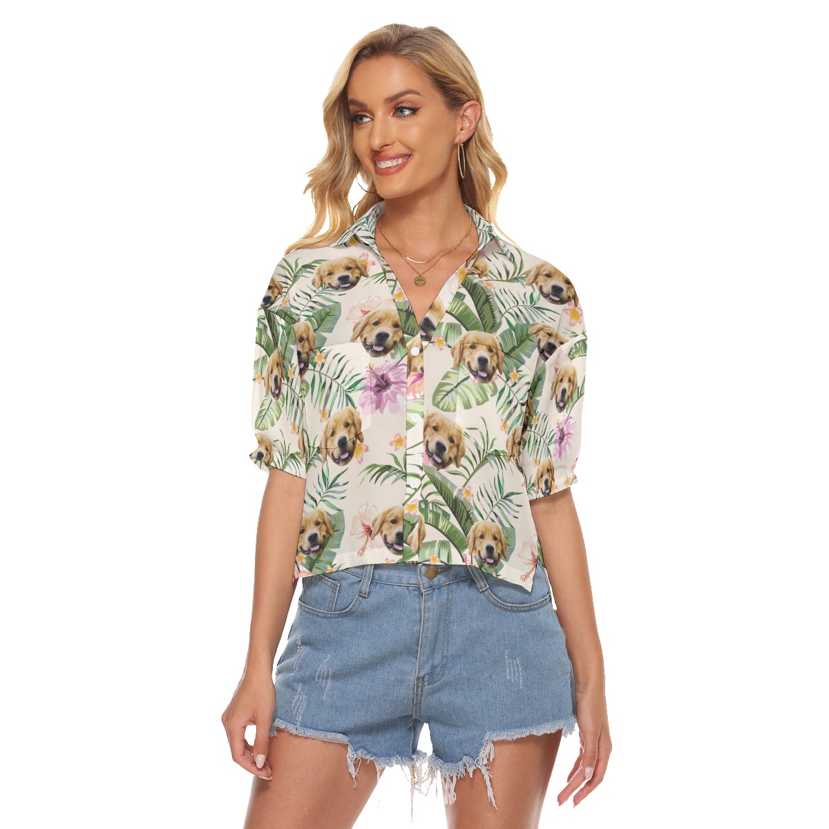Custom Dog Face Hibicus Hawaiian Crop Top Shirt For Women - variant image 1