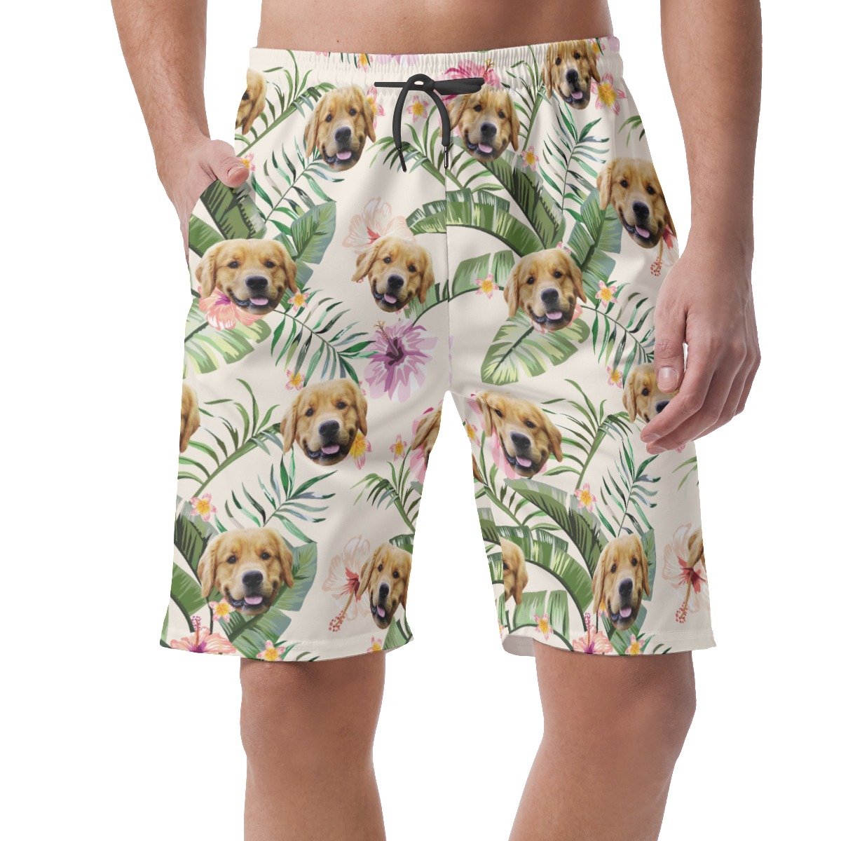 Custom Pet Face Hibicus Hawaiian Summer Beach Shorts For Men - variant image 1