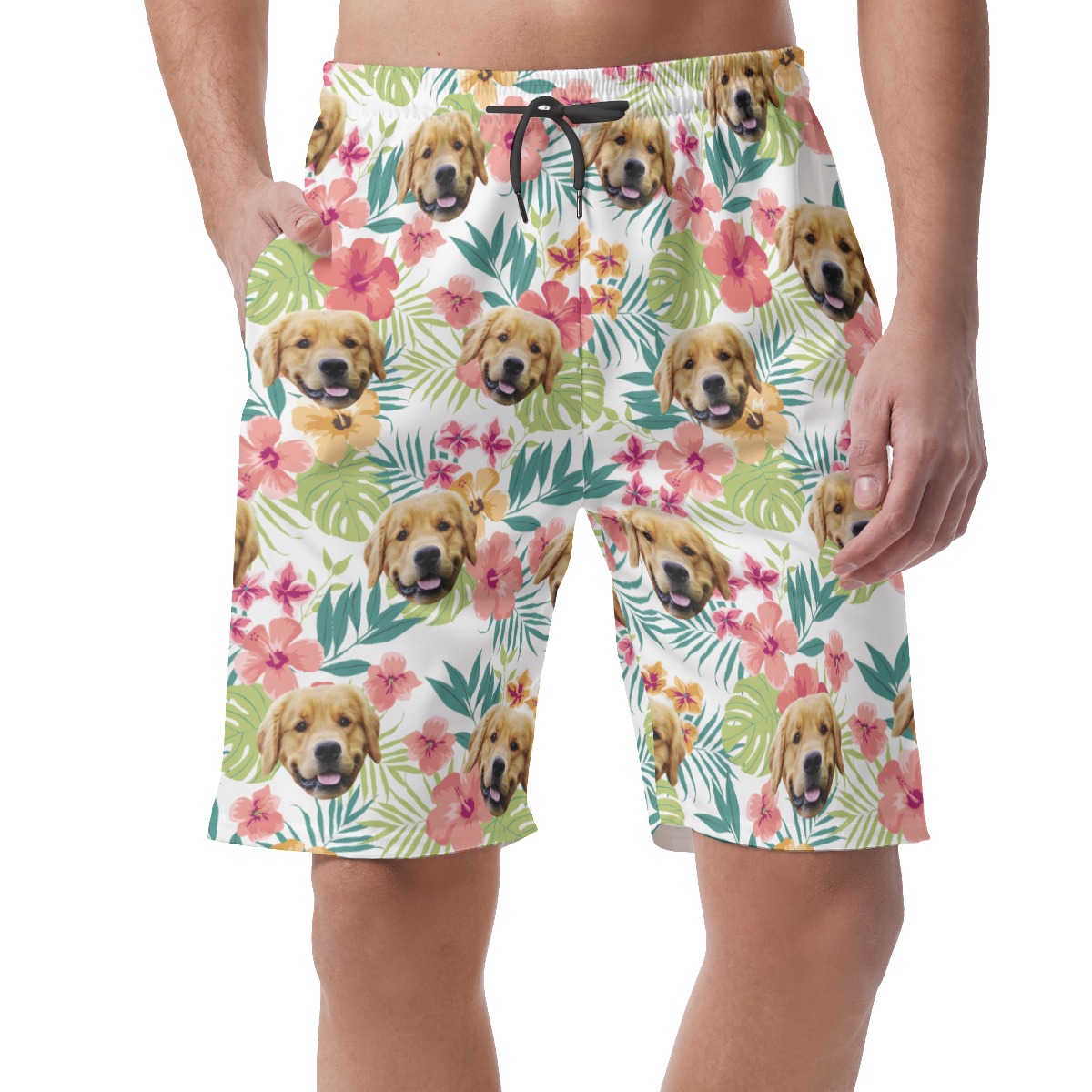 Custom Pet Face Floral Hawaiian Summer Beach Shorts For Men - variant image 1